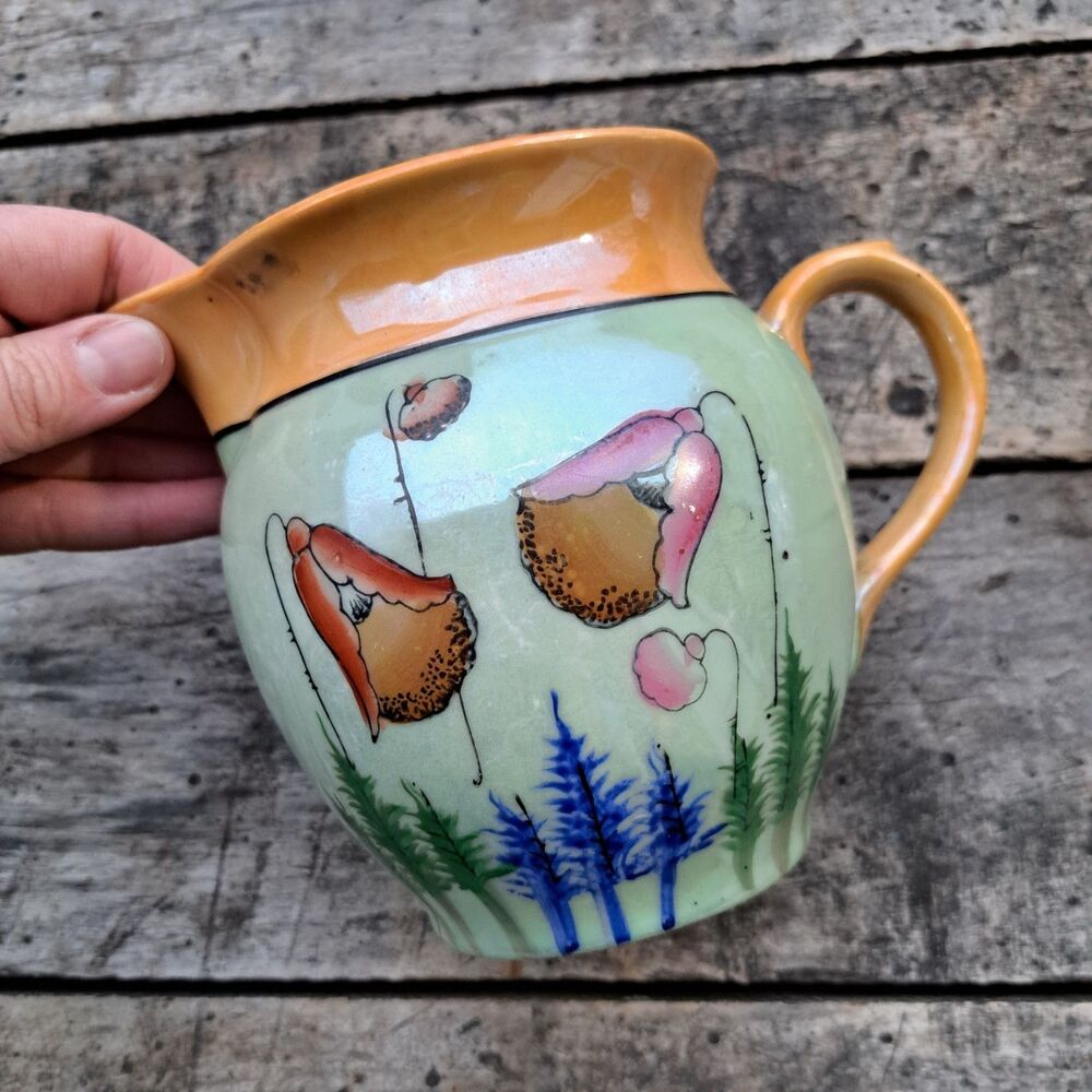 Vintage MCM 1950's Floral Orange Lusterwear Drink Pitcher Jug Ceramic Japan